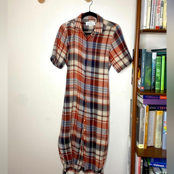 Trovata Birds of Paradis Plaid Button-Down Shirt Dress with Waist Tie - Picture 1 of 8